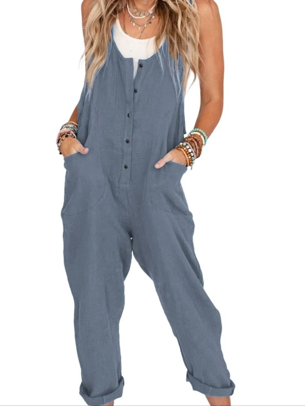 NWT Viral Amazon Free People Inspired Large Linen Overalls Jumpsuit Buttons Blue - Picture 2 of 9